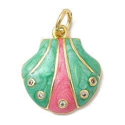 Светло-зеленый Подвески из латуни микропаве с фианитами и эмалью, формы раковины, долговечный, стойки покрытие, без свинца и без кадмия, с целью перехода в кольце, золотые, светло-зеленый, 20x17.5x4.5 мм