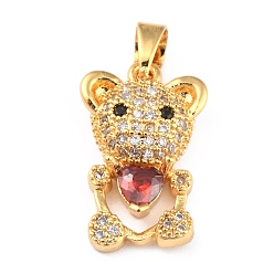 Красный Латунные подвески с фианитами, долговечный, реальный 18 k позолоченный, медведь, красные, 18.5x11.5x4 мм, отверстие : 3.5x4.5 мм