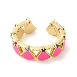 Hot Pink Enamel Fan Wrap Open Cuff Ring with Cubic Zirconia, Real 18K Gold Plated Brass Ring, Cadmium Free & Lead Free, Hot Pink, US Size 6 1/4(16.7mm)