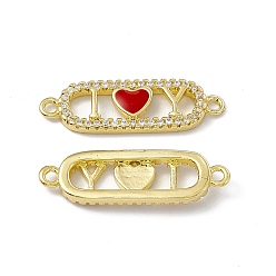 Red Rack Plating Brass Micro Pave Clear Cubic Zirconia Connector Charms, with Enamel, Cadmium Free & Lead Free, Oval with Heart Links, Real 18K Gold Plated, Red, 8.5x27x2.5mm, Hole: 1.5mm