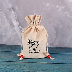 Cat Shape Printed Rectangle Cotton Storage Bags, Drawstring Pouches Packaging Bag, Cat Shape, 23x15cm