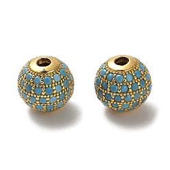 Sky Blue 925 Sterling Silver Micro Pave Cubic Zirconia Beads, Round, Real 18K Gold Plated, Sky Blue, 10x9mm, Hole: 2.2mm