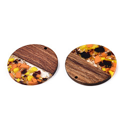 Coral Transparent Resin & Walnut Wood Pendants, with Gold Foil, Flat Round Charms, Coral, 38.5x3mm, Hole: 2mm