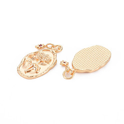July Water Lily Brass Ruby Rhinestone Pendants, Birth Flower Charms, Nickel Free, Oval with Star, Real 18K Gold Plated, July Water Lily, 23x13x2mm, Hole: 3mm, Star: 9x4x1mm