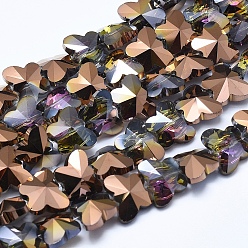 Copper Plated Electroplate Glass Beads Strands, Half Plated, Faceted, Butterfly, Copper Plated, 12x15x8mm, Hole: 1mm, about 25pcs/strand, 10.8 inch(27.5cm)