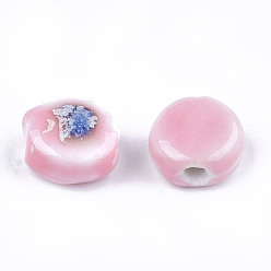 Pink Handmade Porcelain Beads, Fancy Antique Glazed Porcelain, Flat Round, Pink, 10~11x10.5~11x5~5.5mm, Hole: 1.5~2mm