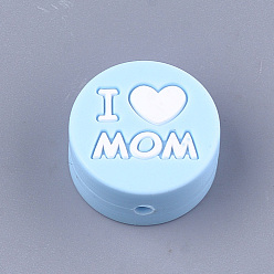 Light Blue Mother's Day Theme, Food Grade Eco-Friendly Silicone Focal Beads, Chewing Beads For Teethers, DIY Nursing Necklaces Making, Flat Round with Word I Love Mom, Light Blue, 20x9.5mm, Hole: 2mm