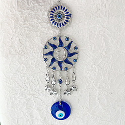 Antique Silver Glass Blue Evil Eye Pendant Decorations, with Alloy Elephant & Sun Link, for Wall Car Hanging Decoration, Antique Silver, 240x70mm