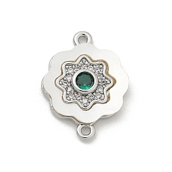 Цветок Подвески-коннекторы из латуни с микропаве из прозрачного кубического циркония и ракушки, с зеленым стеклом, платина, цветок, 17.5x13x2.5 мм, отверстие : 1.2 мм