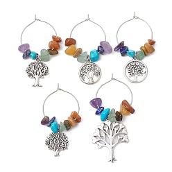 Antique Silver Alloy Tree of Life Wine Glass Charm, with Chakra Gemstone Chips, Antique Silver, 50~64mm, Inner Diameter: 24mm