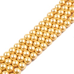 Gold Electroplated Shell Pearl Beads Strands, Polished, Round, Gold, 8.5mm, Hole: 1mm, about 48~49pcs/strand, 15.55 inch(39.5cm)