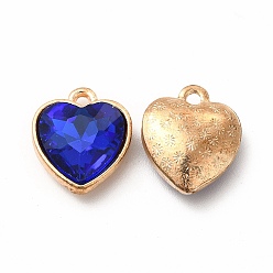 Blue Faceted Glass Rhinestone Pendants, with Golden Tone Zinc Alloy Findings, Heart Charms, Blue, 16.5x14x6.5mm, Hole: 1.6mm