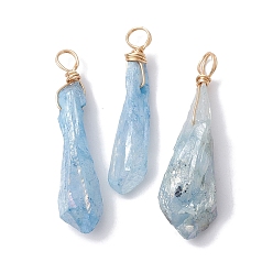 Sky Blue Electroplated Natural Quartz Crystal Dyed Pendants, Teardrop Charms with Golden Plated Copper Wire Loops, Sky Blue, 34~37x6~10.5x6~9.5mm, Hole: 3.5mm