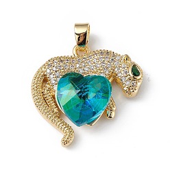 Dark Turquoise Real 18K Gold Plated Rack Plating Brass Micro Pave Clear Cubic Zirconia Pendants, with Glass, Long-Lasting Plated, Cadmium Free & Lead Free, Leopard with Heart Charm, Dark Turquoise, 24.5x25x8.2mm, Hole: 5x3.2mm