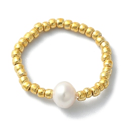 Round Natural Pearl & TOHO Round Seed Braided Bead Style Finger Ring, Round, Inner Diameter: 16mm, Round: 5.6mm