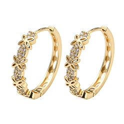 Light Gold Brass with Clear Cubic Zirconia Hoop Earrings, Butterfly, Light Gold, 24.5x5mm
