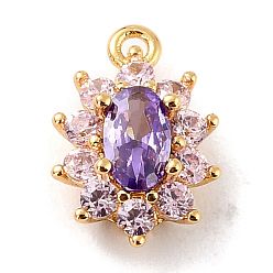 Purple Eco-Friendly Brass Micro Pave Cubic Zirconia Charms, Cadmium Free & Lead Free, Real 18K Gold Plated, Flower, Purple, 11.5x7.5x4mm, Hole: 1mm