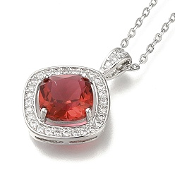 Красный 304 из нержавеющей стали кабель цепи ожерелья, латунные прозрачные кубические цирконии ромбовидные подвески ожерелья, платины и нержавеющая сталь цвет, красные, 17.72 дюйм (45 см)