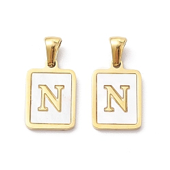 Letter N Ion Plating(IP) 304 Stainless Steel Pave Shell Pendants, Rectangle Charm, Real 18K Gold Plated, Letter N, 17.5x12x1.5mm, Hole: 3x5mm