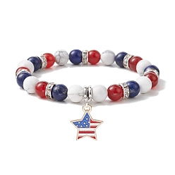 Mixed Stone Independence Day Natural Mixed Gemstone Round Beaded Stretch Bracelet, with Star Alloy Enamel Charms, Inner Diameter: 2-3/8 inch(6cm)