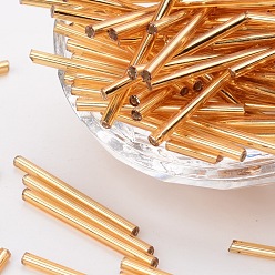 Gold Glass Bugle Beads, Golden, about 3mm wide, 31~34mm long, hole: 0.4mm, about 1400pcs/one pound