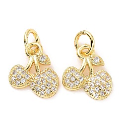 Clear Brass Micro Pave Cubic Zirconia Charms, with Jump Rings, Long-Lasting Plated, Cadmium Free & Lead Free, Light Gold, Cherry, Clear, 10x10x1.5mm