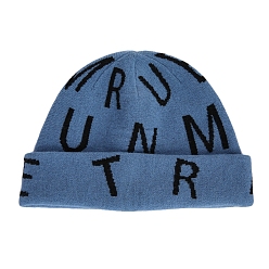 Steel Blue Polyacrylonitrile Fiber Yarn Cuffed Beanies Cap, Word Pattern Winter Warmer Knit Hat for Women, Steel Blue, 560~580mm