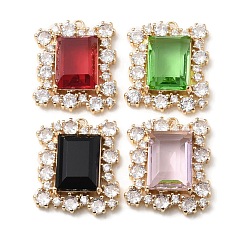 Mixed Color Brass with K9 Glass & Rhinestone Pendants, Light Gold, Rectangle Charms, Mixed Color, 24.5x20x7mm, Hole: 1.2mm