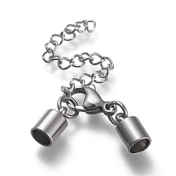 Stainless Steel Color 304 Stainless Steel Chain Extender, with Cord Ends, Curb Chains and Lobster Claw Clasps, Stainless Steel Color, 37mm long, Cord Ends: 9.5x6mm, 4.5mm inner diameter