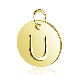 Letter U 304 Stainless Steel Charms, Flat Round with Letter, Golden, Letter.U, 12x1mm, Hole: 2.5mm