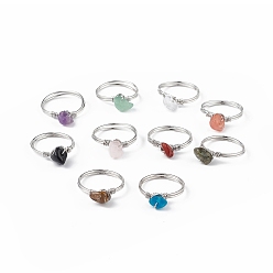 Mixed Stone Natural Mixed Gemstone Chips Finger Ring, Platinum Brass Wire Wrap Jewelry for Women, Inner Diameter: 18mm