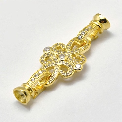 Golden Brass Micro Pave Cubic Zirconia Fold Over Clasps, Flower, Golden, 40x15.5mm, Hole: 2mm