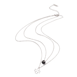 Platinum 304 Stainless Steel Necklaces, Double Layer Necklaces with Porcelain Glass Bead & Cross Pendant, Platinum, 38.3cm