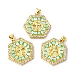 Зеленый лайм Подвески из латуни с микропаве и крестом из кубического циркония, с эмалью и ракушкой, долговечный, без свинца и без кадмия, реальный 18 k позолоченный, шестиугольник, зеленый лайм, 23.5x24x4 мм, отверстие : 5x3.5 мм
