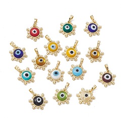 Mixed Color Handmade Evil Eye Lampwork Pendants, with Rack Plating Real 18K Gold Plated Brass Findings, Long-Lasting Plated, Snowflake Charm, Mixed Color, 15x14x4mm, Hole: 4x6.5mm
