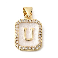 Letter U Латунные микропаве прозрачные подвески с фианитом, с эмалью, без кадмия и без свинца, долговечный, стойки покрытие, реальный 18 k позолоченный, Буква U, 16.5x12x2 мм, отверстие : 4x3 мм