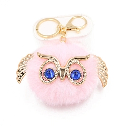Pink Cute Pompom Fluffy Owl Pendant Keychain, with Alloy Findings, for Woman Handbag Car Key Backpack Pendants, Pink, 12x9cm