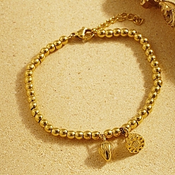 Real 18K Gold Plated Stainless Steel Lotus Flower Charm Bracelet with Round Beaded, Real 18K Gold Plated, 6-1/4 inch(16cm)