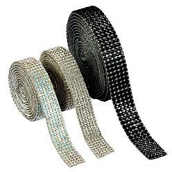 Mixed Color 3 Rolls 3 Style Glitter Hotfix Glass Rhinestone Ribbon(Hot Melt Adhesive on the Back), Rhinestone Trimming, Costume Accessories, Mixed Color, 14~16mm, 1 Roll/style