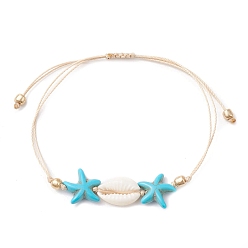 Turquoise Synthetic Turquoise & Cowrie Shell Braided Starfish & Shell Shape Bead Bracelets, for Women, Turquoise, Inner Diameter: 3-1/4 inch(8.3cm)
