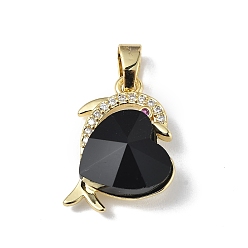 Black Real 18K Gold Plated Rack Plating Brass Micro Pave Clear Cubic Zirconia Pendants, with Glass, Long-Lasting Plated, Cadmium Free & Lead Free, Dolphin with Heart Charm, Black, 20.5x17x8mm, Hole: 5.5x3.5mm