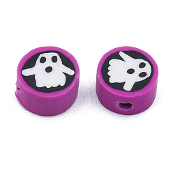 Ghost Бусины из полимерной глины ручной работы на тему хэллоуина, плоско-круглые, призрак, 9x4.5 мм, отверстие : 1.5 мм