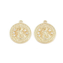 Aquarius Brass Micro Pave Clear Cubic Zirconia Pendants, Flat Round with Constellation Charms, Rack Plating, Long-Lasting Plated, Cadmium Free & Lead Free, Golden, Aquarius, 16x14x2~3mm, Hole: 1mm
