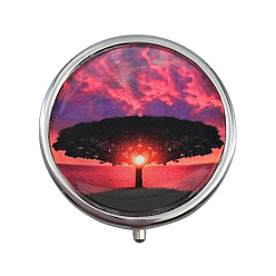 Tree Portable Stainless Steel Pill Box, with Shell and Mirror, 3 Grids Multi-use Travel Storage Boxes, Flat Round, Tree, 5x1.4cm