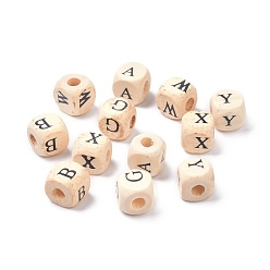 PapayaWhip (Defective Closeout Sale), Printed Natural Wood Beads, Horizontal Hole, Cube with Initial Letter, PapayaWhip, 10x10x9.5mm, Hole: 4mm, about 625pcs/500g
