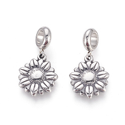 Antique Silver 304 Stainless Steel European Dangle Charms, Large Hole Pendants, Daisy, Antique Silver, 28.5mm, Hole: 5mm, Pendant: 17.5x15x3mm