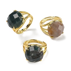 (RRHB277) Кристалл на подкладке из медово-бежевого цвета Латунные манжеты с открытыми кольцами, с натуральным индийским агатом, круглые, граненые, стойки покрытие, долговечный, золотые, 18 мм