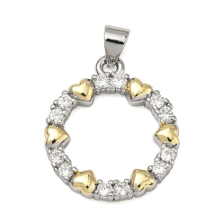 Настоящее золото 18K Подвески из латуни с микро-паве ко Дню святого Валентина, прозрачные циркониевые подвески, кольцо с сердечками, без свинца и без кадмия, стойки покрытие, долговечный, реальный 18 k позолоченный, 21x18.5x2.6 мм, отверстие : 3.5x3.5 мм