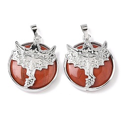 Красный Камень Натуральный красный яшма плоские круглые подвески, латунные драконьи драгоценные камни амулеты, платина, стойки покрытие, без кадмия и без свинца, 31.5x27x7.5~8.5 мм, отверстие : 8x5 мм