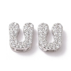 Letter U 925 Sterling Silver Micro Pave Cubic Zirconia Beads, Real Platinum Plated, Letter U, 9x8x3.5mm, Hole: 2.5x1.5mm